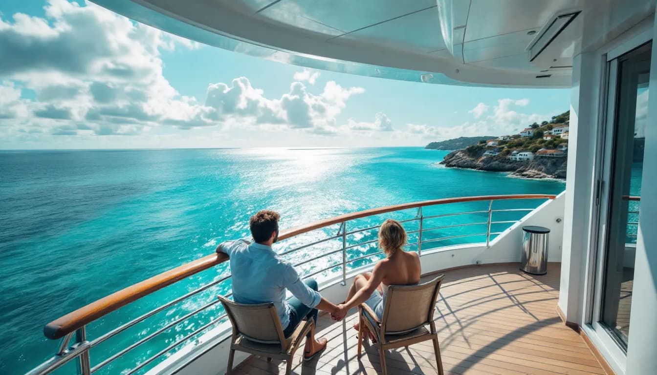 Een stel zit hand in hand op een privébalkon van een cruiseschip, terwijl de zon ondergaat boven een kalme, turquoise zee en een verre kustlijn met witte huisjes.