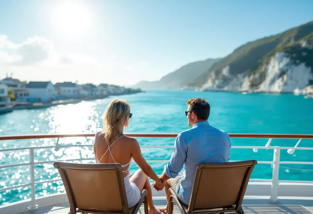 Een stel zit hand in hand op een privébalkon van een cruiseschip, terwijl de zon ondergaat boven een kalme, turquoise zee en een verre kustlijn met witte huisjes.