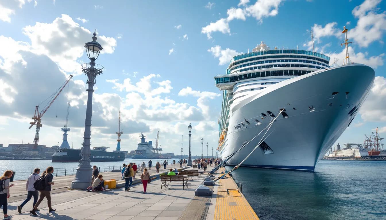 Een sfeervolle cruise terminal in Rotterdam met een groot cruiseschip dat net vertrekt voor een onvergetelijke reis, gezinnen zwaaien vanaf de kade.