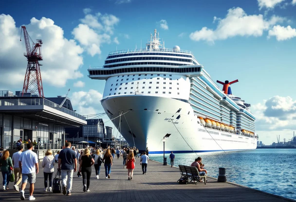 Een sfeervolle cruise terminal in Rotterdam met een groot cruiseschip dat net vertrekt voor een onvergetelijke reis, gezinnen zwaaien vanaf de kade.