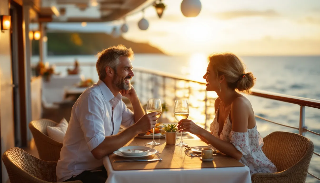 Een lachend stel geniet van een romantisch diner op het balkon van hun cruiseschip terwijl de zon ondergaat over een kalme oceaan.