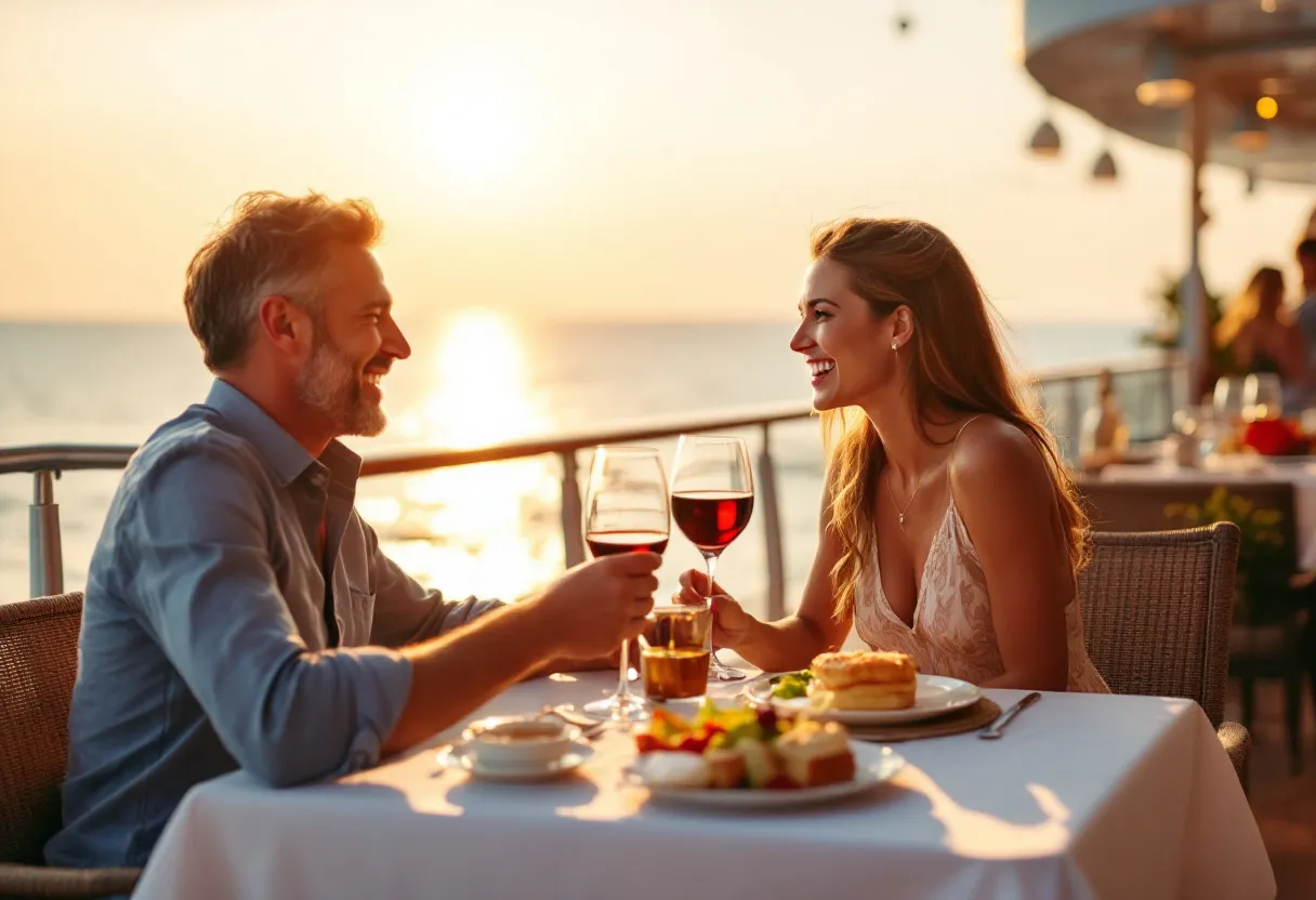 Een lachend stel geniet van een romantisch diner op het balkon van hun cruiseschip terwijl de zon ondergaat over een kalme oceaan.