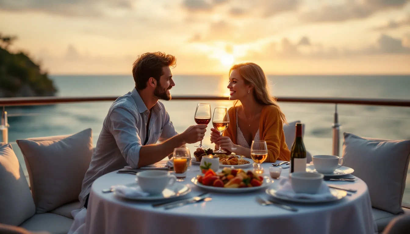 Een stel geniet van een romantisch diner op het dek van een luxe cruiseschip met uitzicht op de zonsondergang boven de oceaan.