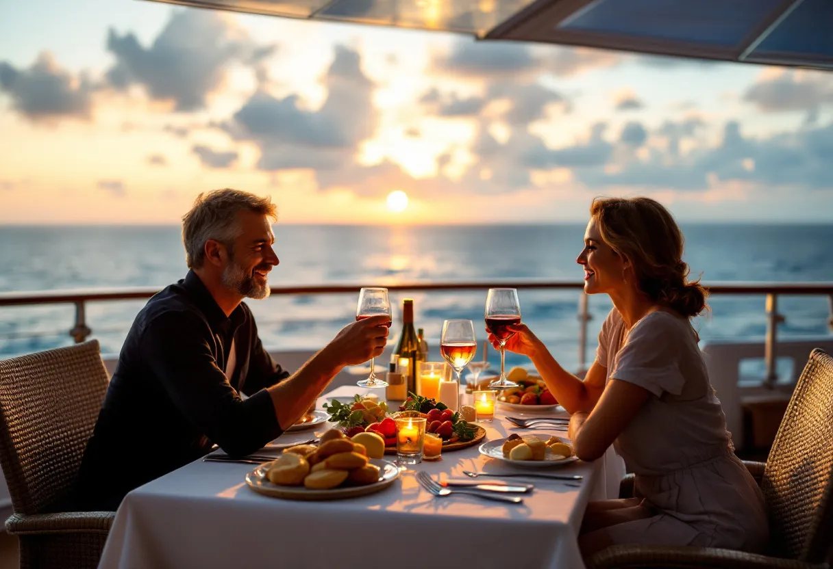 Een stel geniet van een romantisch diner op het dek van een luxe cruiseschip met uitzicht op de zonsondergang boven de oceaan.