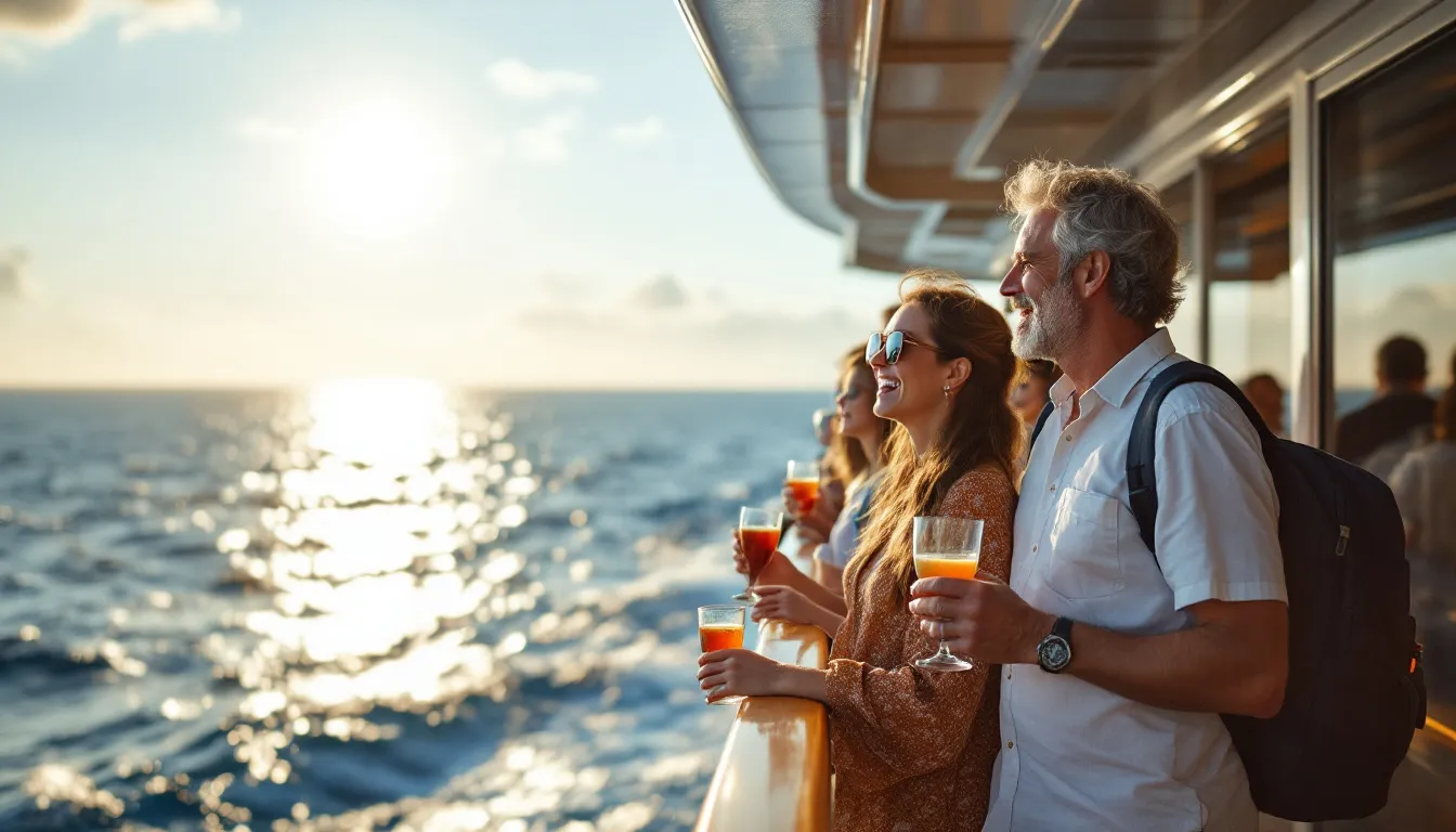 Een gezin van vier personen staat aan de reling van een modern cruiseschip en kijkt uit over de oceaan terwijl de zon ondergaat, met een cocktail in de hand van de ouders en lachende kinderen.