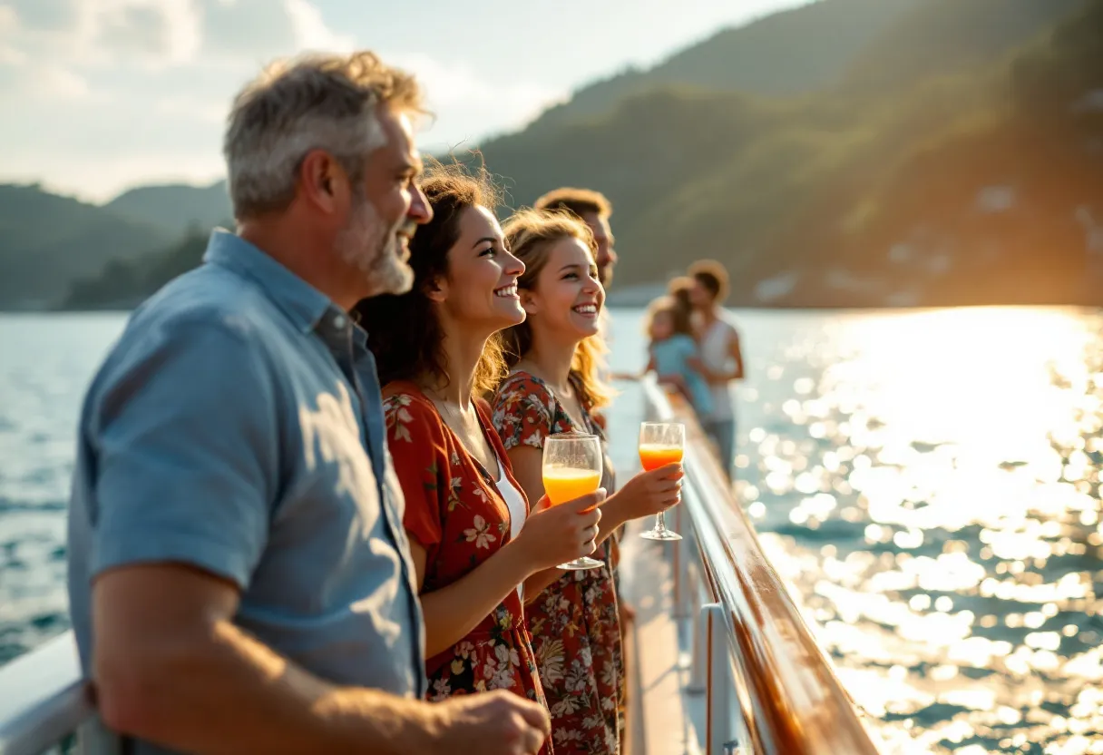 Een gezin van vier personen staat aan de reling van een modern cruiseschip en kijkt uit over de oceaan terwijl de zon ondergaat, met een cocktail in de hand van de ouders en lachende kinderen.