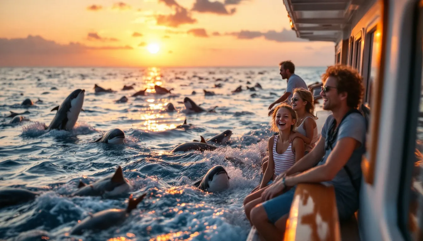 Een gezin met twee kinderen lacht op het bovendek van een cruiseschip, met op de achtergrond een kleurrijke zonsondergang en spelende dolfijnen in het water.