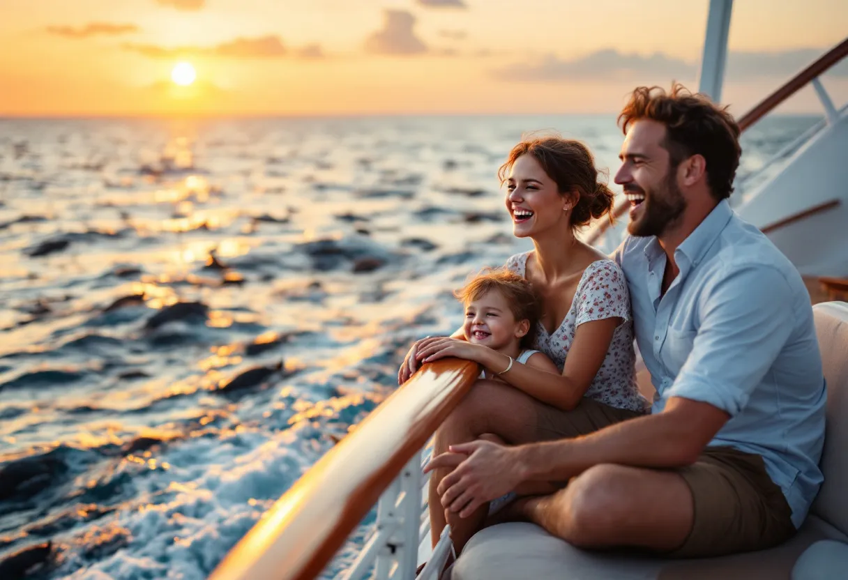Een gezin met twee kinderen lacht op het bovendek van een cruiseschip, met op de achtergrond een kleurrijke zonsondergang en spelende dolfijnen in het water.