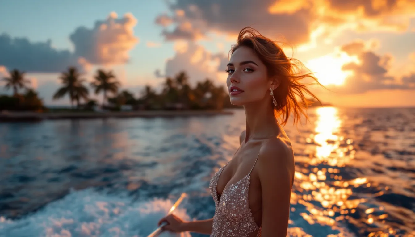 Een glimlachend stel in elegante avondkleding leunt tegen de reling van een wit cruiseschip, terwijl de ondergaande zon de lucht in levendige roze en oranje tinten kleurt; op de achtergrond dobbert een klein privé-eiland met wuivende palmbomen.