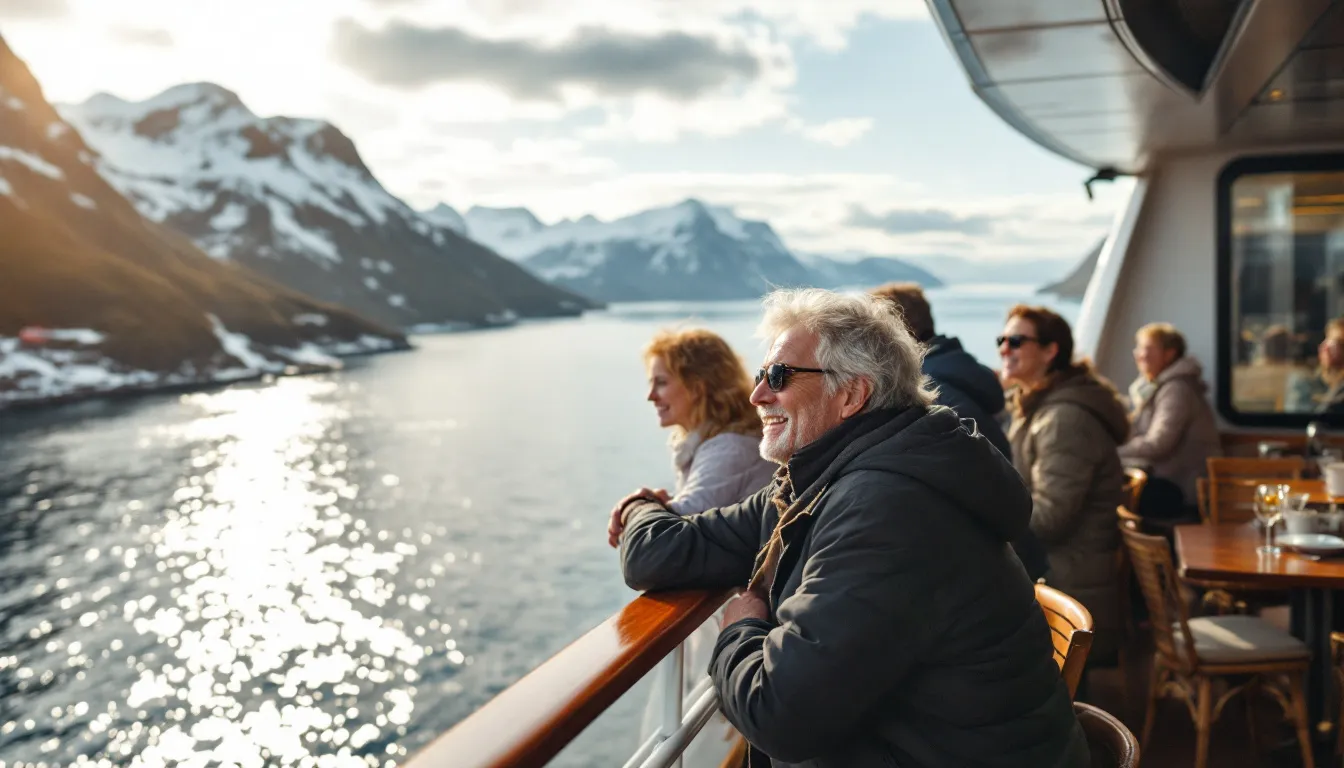 Een stralend gezin zwaait vanaf het panoramadek van een modern cruiseschip met uitzicht op een zonovergoten fjord in Noorwegen.
