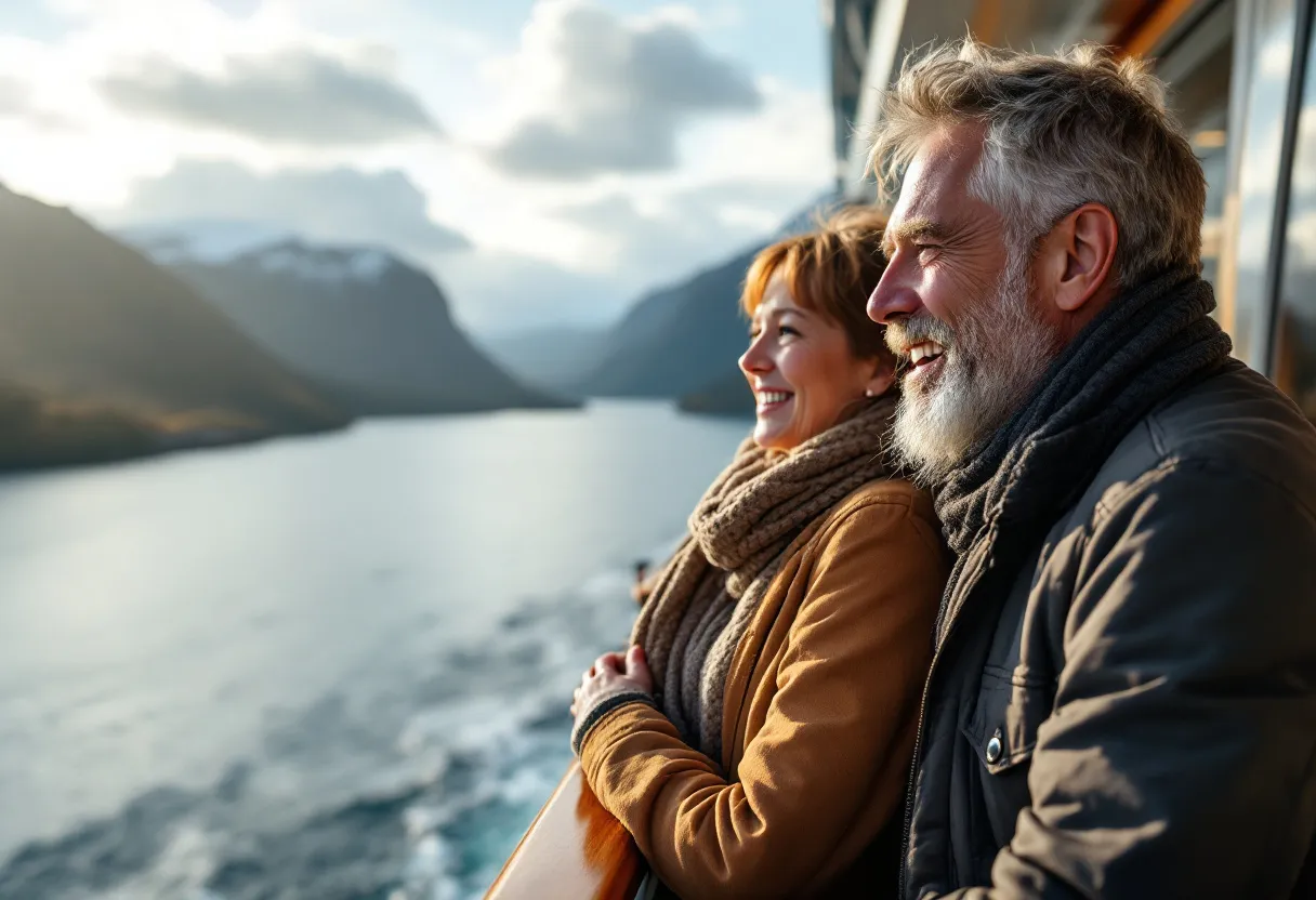 Een stralend gezin zwaait vanaf het panoramadek van een modern cruiseschip met uitzicht op een zonovergoten fjord in Noorwegen.