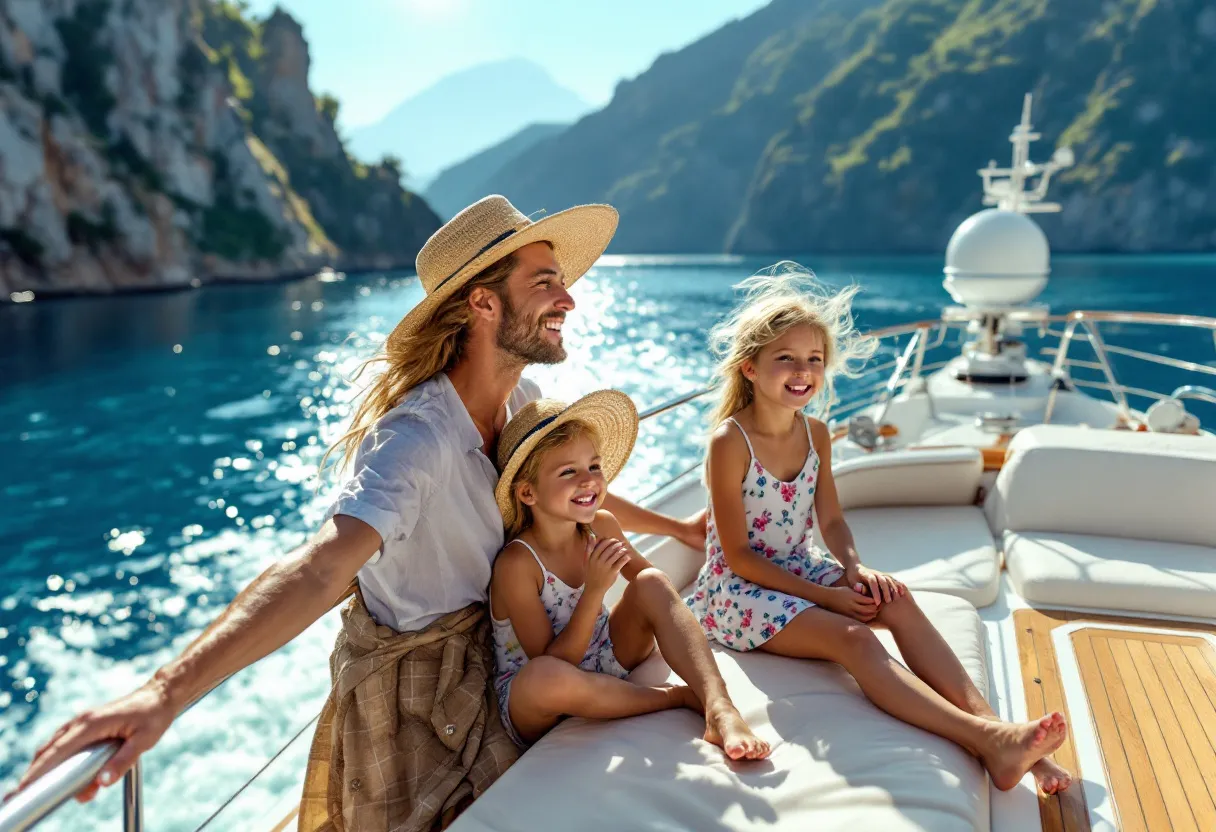 Een stralend gezin met twee jonge kinderen geniet op het dek van een elegant cruiseschip, terwijl de zon ondergaat boven een kalm blauw meer omringd door bergen